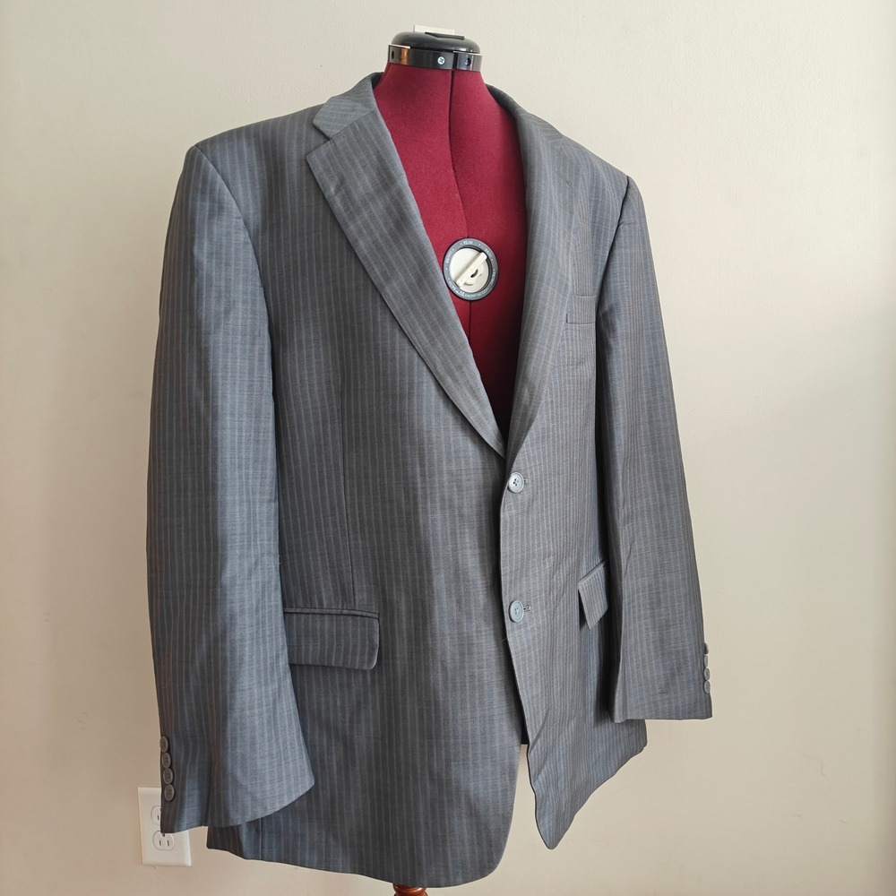 Perry‎ Ellis Mens Suit Blazer Jacket Wool Blend Gray Pinstripe Single Breast 48R